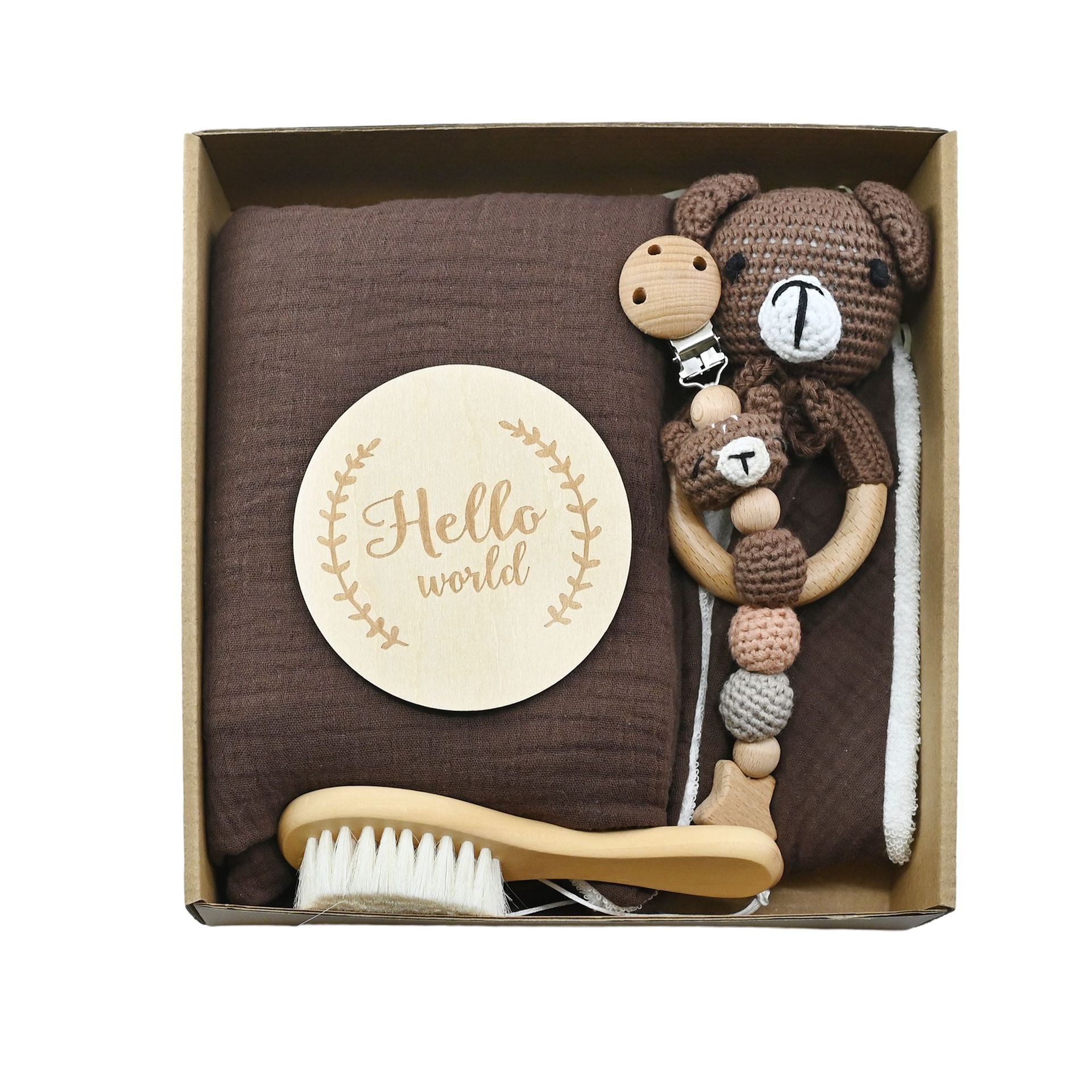 Nuevo bebé animal crochet campana de madera caja de regalo de nacimiento juego cadena de chupete bebé nacimiento luna llena regalo