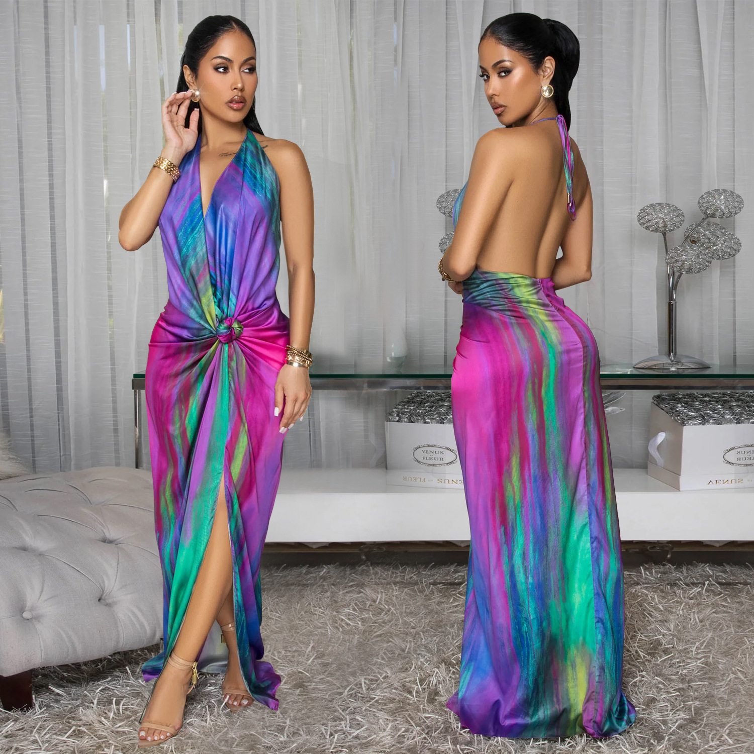 C7459 Aliexpress transfronterizo amazon ropa de moda europea y americana de mujer impresa sexy correa de vestir de espalda abierta image 1