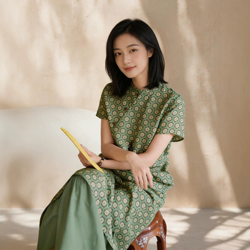 New Chinese-Style Retro Green Printed Cotton Dress D0618 Summer Elegant Improved Cheongsam Dress with Vest Top New Chinese-Style Retro Green Printed Cotton Dress D0618 Summer Elegant Improved Cheongsam Dress with Vest Top