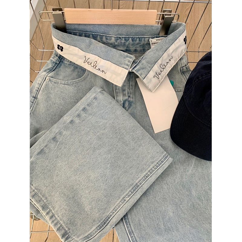 2025 Fashion New High-Waisted Straight Wide-Leg Pants Loose Slimming Cuffed Design Jeans for Women