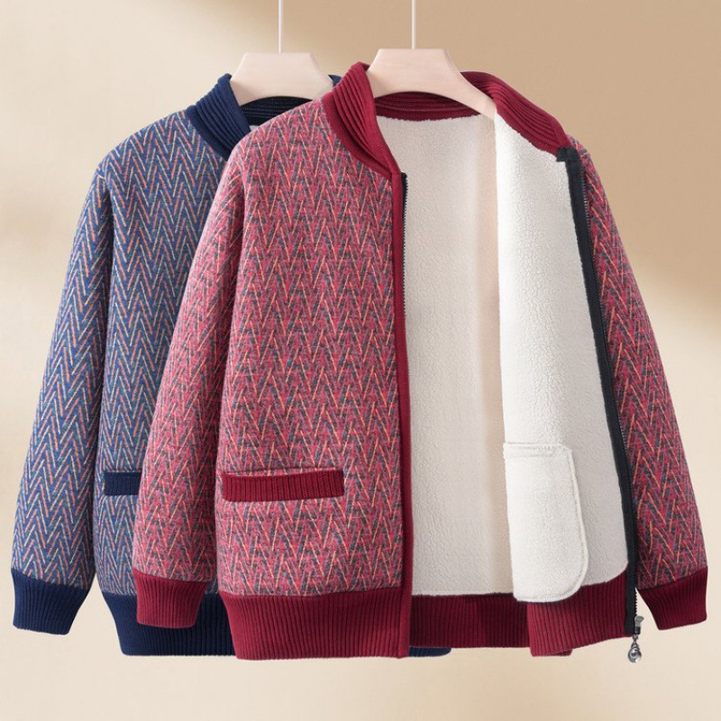 中老年人秋装奶奶毛衣外套妈妈冬季新款加绒加厚保暖上衣老人开衫