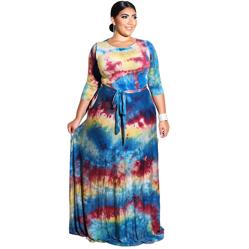 Autumn Amazon Hot-Selling European and American Fashion Women's Colorful Printed Round Neck Plus-Size Floor-Length Dress