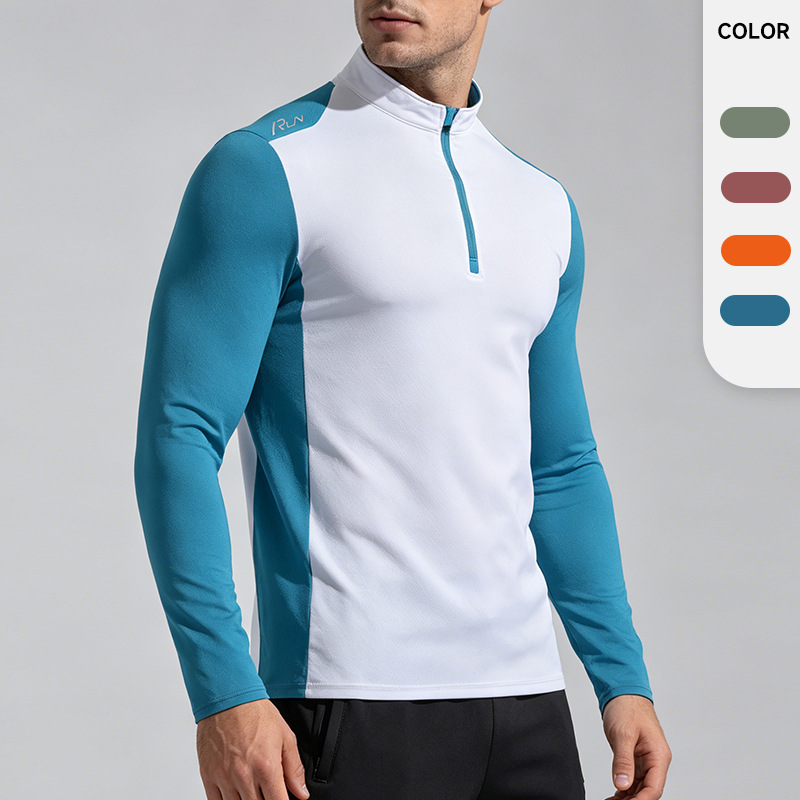Cross-Border Foreign Trade Amazon Spring Sports T-Shirt Men's Running Quick-Drying Shirt Stand-Up Collar Fitness Coach Half-Zip Top