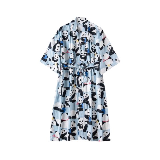 Men's and Women's Panda Cotton Yarn Japanese Kimono Nightgown Women's Spring and Summer Bathrobe Pure Cotton Absorbent Couples Bathrobe Gender-Free
