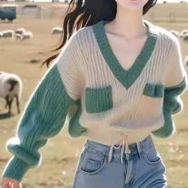 拼接V领套头毛衣女2025新款宽松慵懒风撞色软糯加厚针织衫上衣潮
