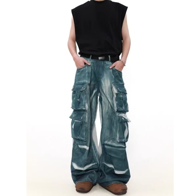 Men's Clothing Retro Washed Tie Dyed Vintage Washed Tie-Dye Gradient Multi-Pocket Cargo Pants For Men & Women - Wide Leg Distressed Denim Jeans_mkmklike.com