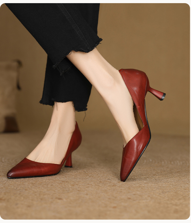 Giày cao gót nữ mũi nhọn da bò cổ điển kiểu Pháp, gót 6,5 cm — Màu đen chi tiết 7