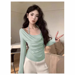 Various ways to wear halter neck fake two-piece long-sleeved T-shirt for women pure desire necklace autumn and winter slim sexy temperament top for women