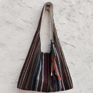 Ethnic Style Canvas Bag Large Capacity Tote Bag Retro Tassel French Style Patchwork Cloth Bag Casual Shoulder Underarm Bag