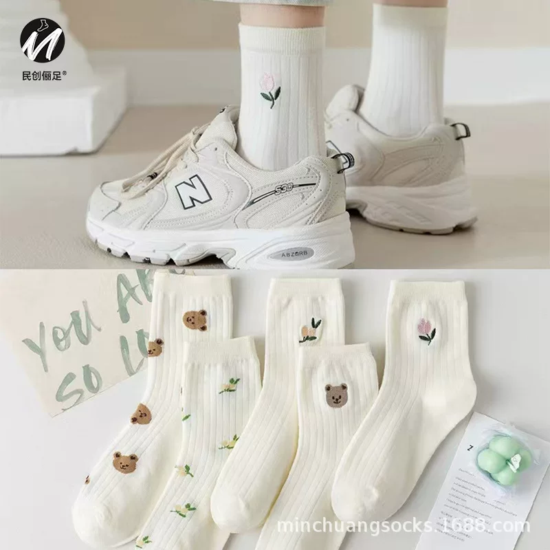 Гольфы (knee socks) в японском стиле, белые, с вышивкой медвежат, демисезонный универсальный размер