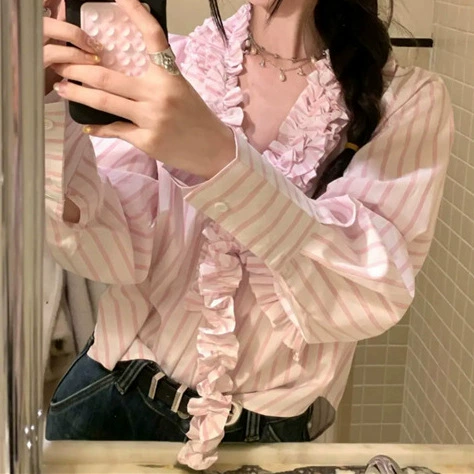Сладкий дизайн девушки, французский нежный воротник, полоска с длинными рукавами рубашка весна и лето новый сезон топ женский