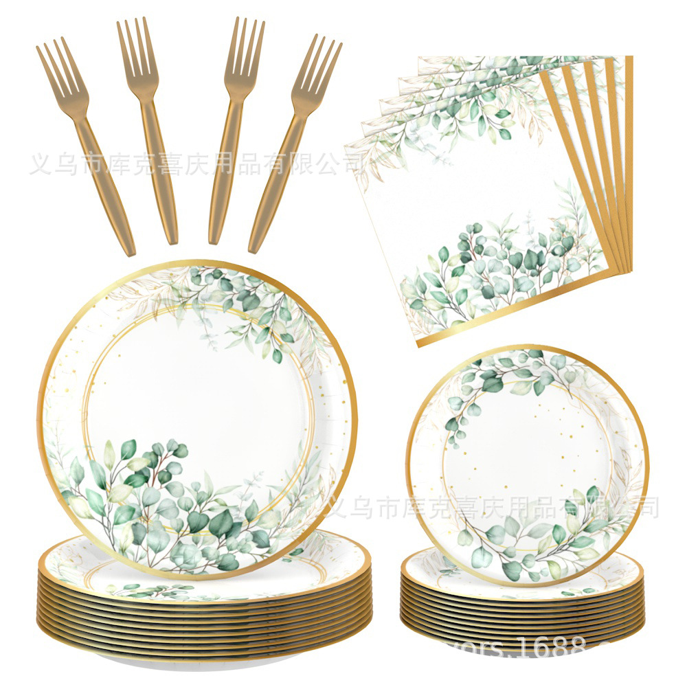 Transfronterizos eucalyptus bebés fiesta bandeja de papel salvia cubiertos bandeja de papel desechable taza de papel conjunto de toallas