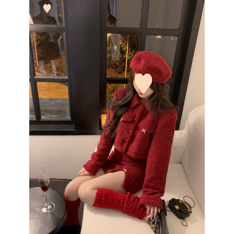 富家千金小香风新年套装女秋冬跨年战袍上衣外套半身裙红色两件套|undefined