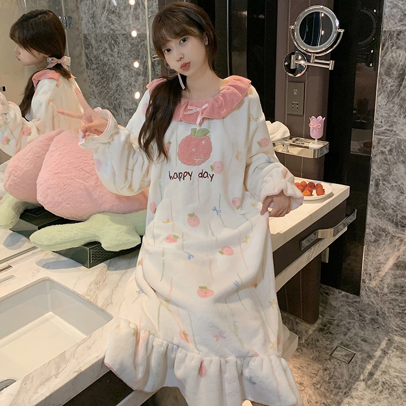 Autumn and Winter Women's Mid-Length Nightgown Women's Winter Flannel Pajamas Winter Sweet Fruit Coral Velvet Dress