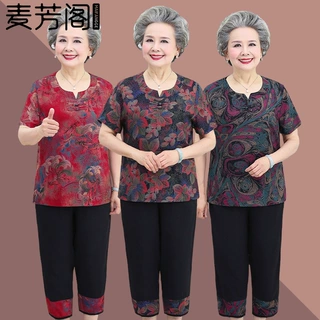 奶奶夏装短袖套装女中老年人夏季t恤妈妈上衣老人衣服太太两件套