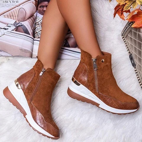 Cross-border low-top warm round toe winter solid color wedge heel side zipper brown women's Martin boots thick-soled snow boots