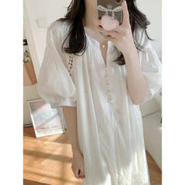 跨境专供外贸女士夏季新品纯色提花珍珠口短袖连衣裙家居服睡裙女