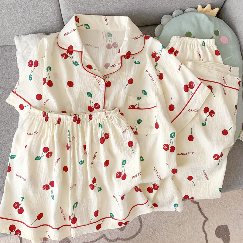 Pijamas de amor dulce de color, pantalones de manga corta de hilo de algodón de nube de verano para mujer, cárdigan de tres piezas, servicio a domicilio