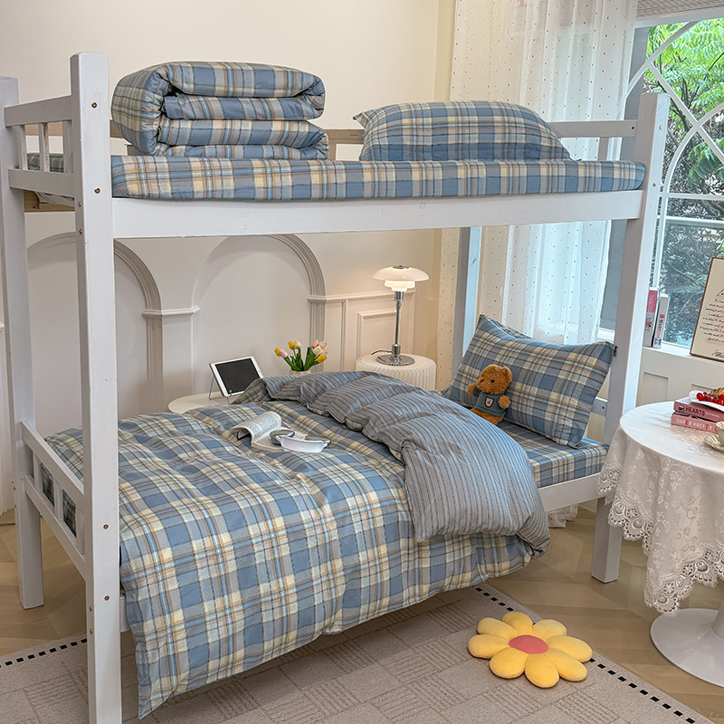 Juego de cama de dormitorio de estudiantes universitarios de tres piezas de algodón puro algodón lavado de algodón sábana individual funda de edredón juego de cama de cuatro piezas