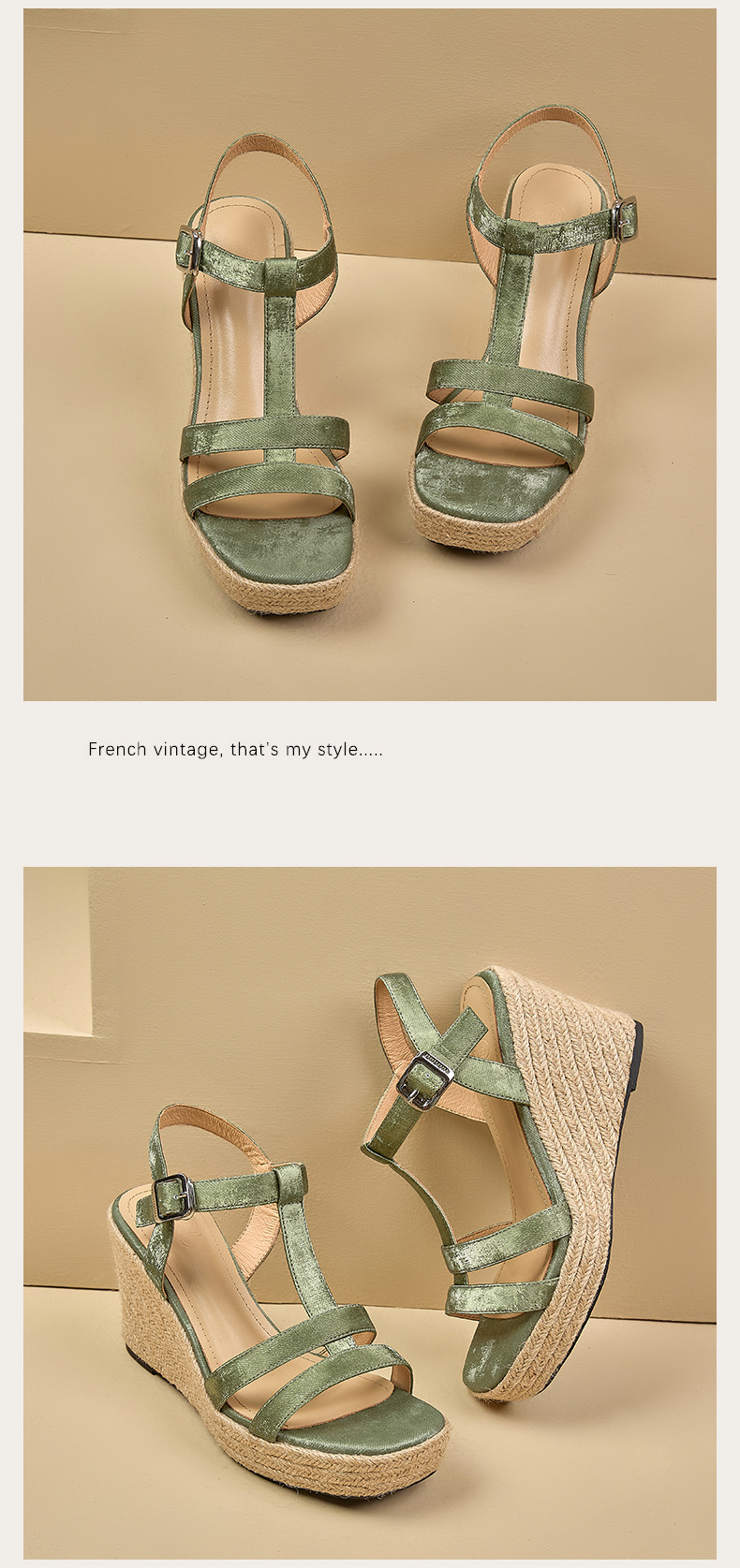 Sandal cao gót nữ hở mũi đế xuồng bện rơm, quai chữ T khóa cài, gót 9 cm — xanh lá cây, màu mơ chi tiết 11