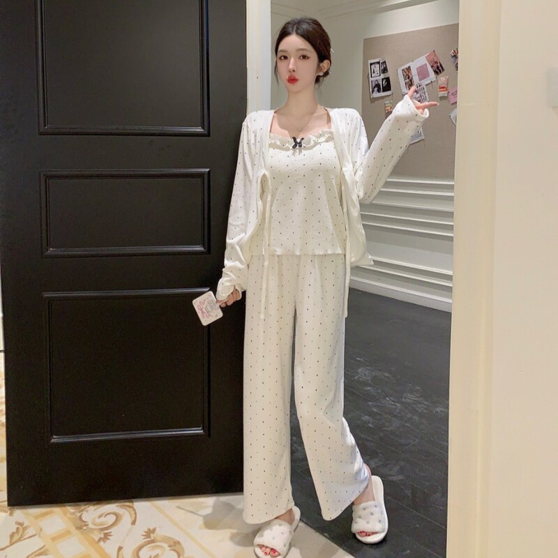 蝴蝶结韩系海岛绒吊带背心波点开衫三件套家居服|undefined