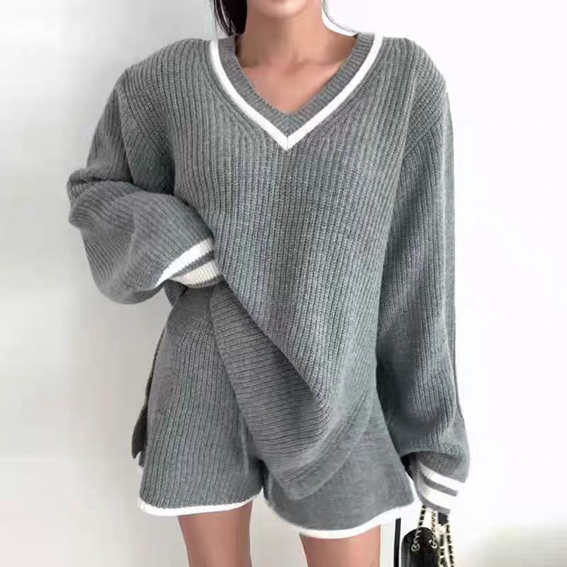 Coreano chic otoño invierno temperamento retro cuello en V suéter de punto de manga larga suelto + traje de pantalones cortos casuales de cintura alta