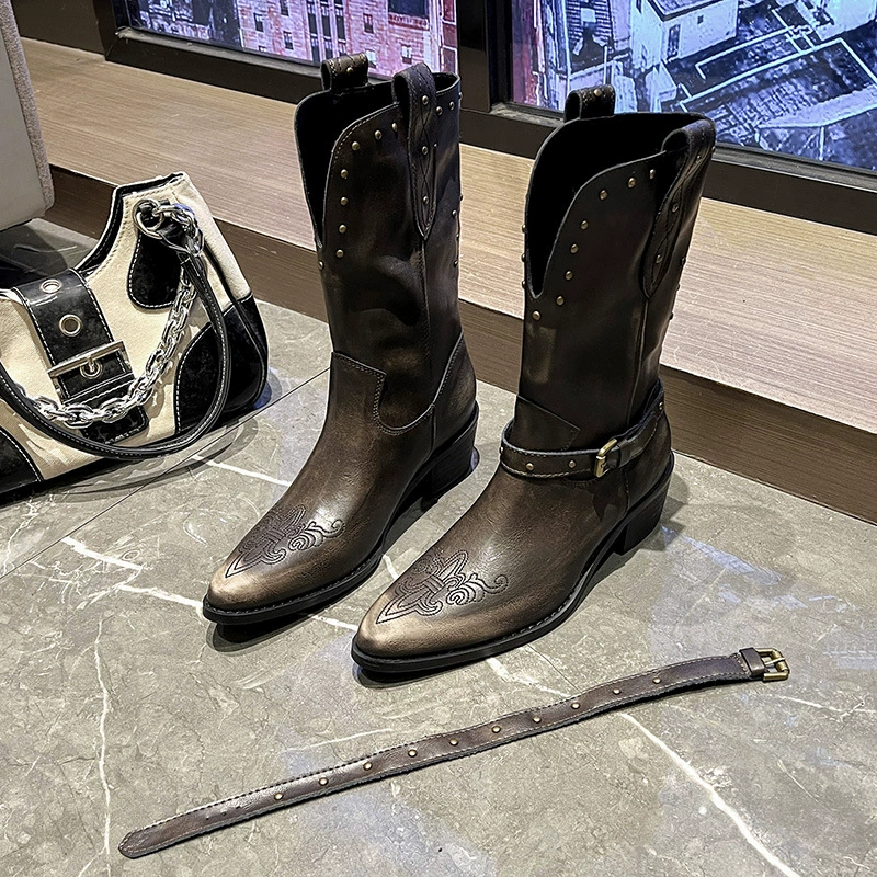 Винтажные старые цветные короткие сапоги челси женские толстые каблуки ковбойские сапоги V рот рукав ремни рыцарь короткие сапоги