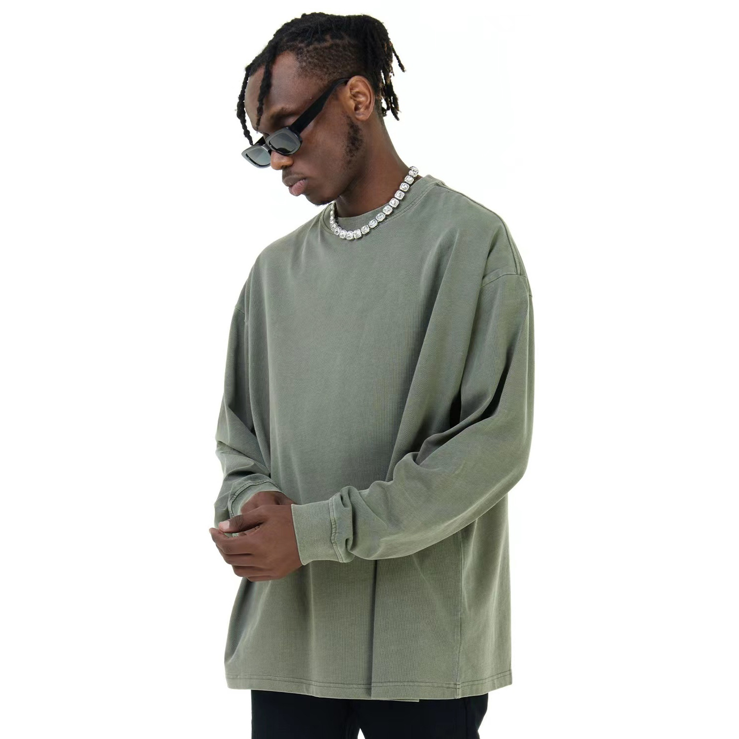 Oscuro estilo hip-hop americano viejo retro cuello redondo camiseta de manga larga para hombres otoño invierno nuevo suelto innings versátil camiseta de base