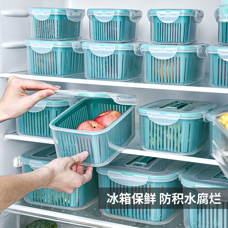 Fábrica al por mayor de doble capa de calidad alimentaria de mantenimiento fresco autónomo cesta de drenaje cocina refrigerador sellado caja de almacenamiento de frutas y verduras traje