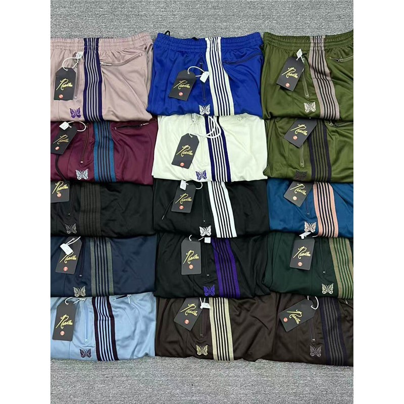Needles track pants with butterfly embroidery, striped webbing, button closure, Japanese style, trendy, loose fit, straight-leg, for couples