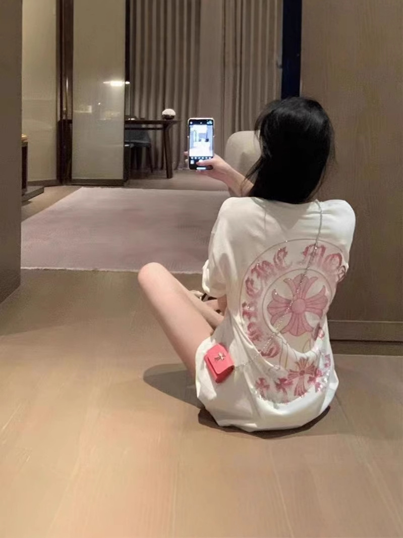 2024 Spring and Summer New Trendy Brand Fashion Heavy Industry Hot Diamond T-Shirt for Women K-Style Ins Sweet and Spicy Flesh-Covering Versatile Slimming Look Top