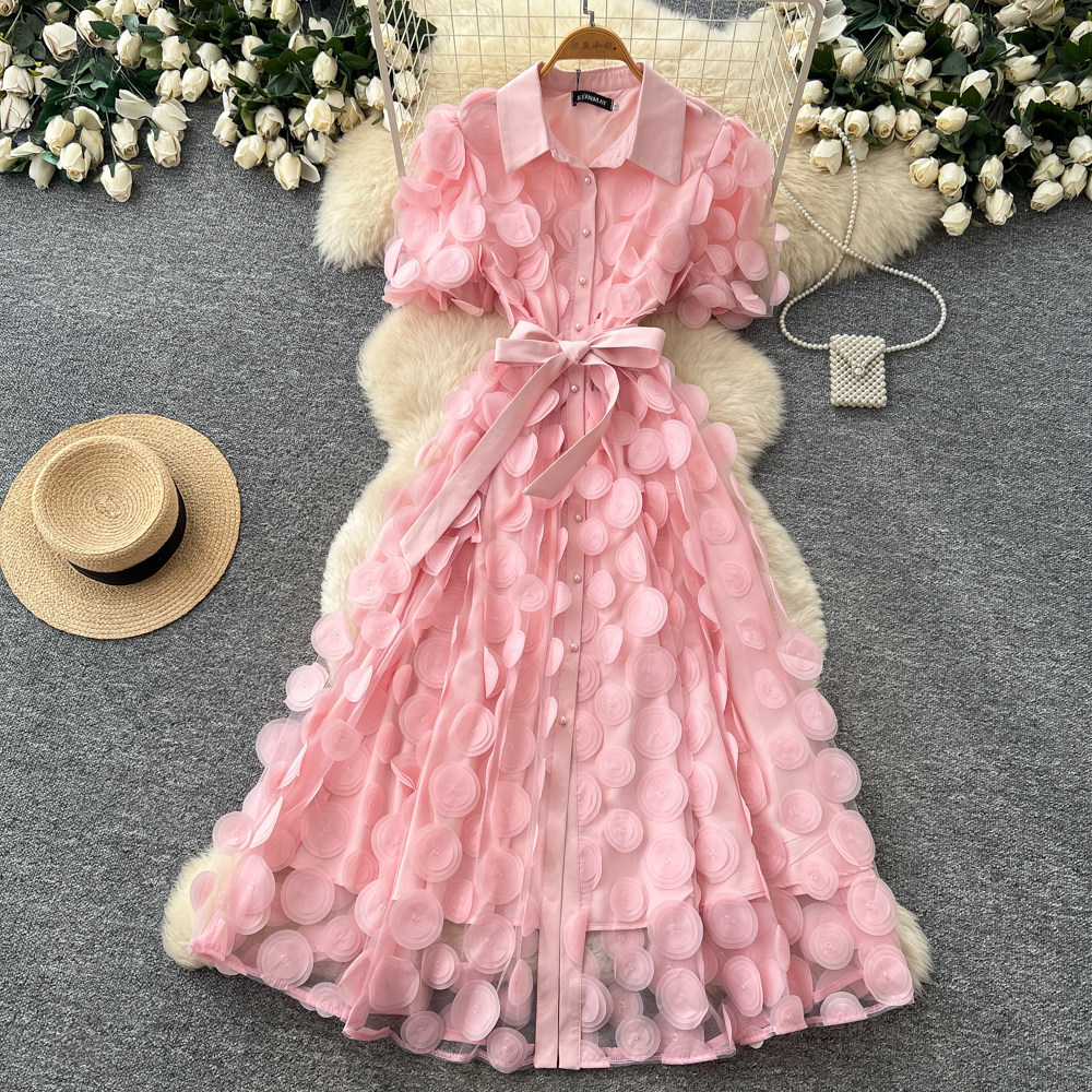 Elegant French Style Lace Dress for Women Summer Short Sleeve A-Line Skirt Tie Waist Sophisticated Lapel_ecoleips.com