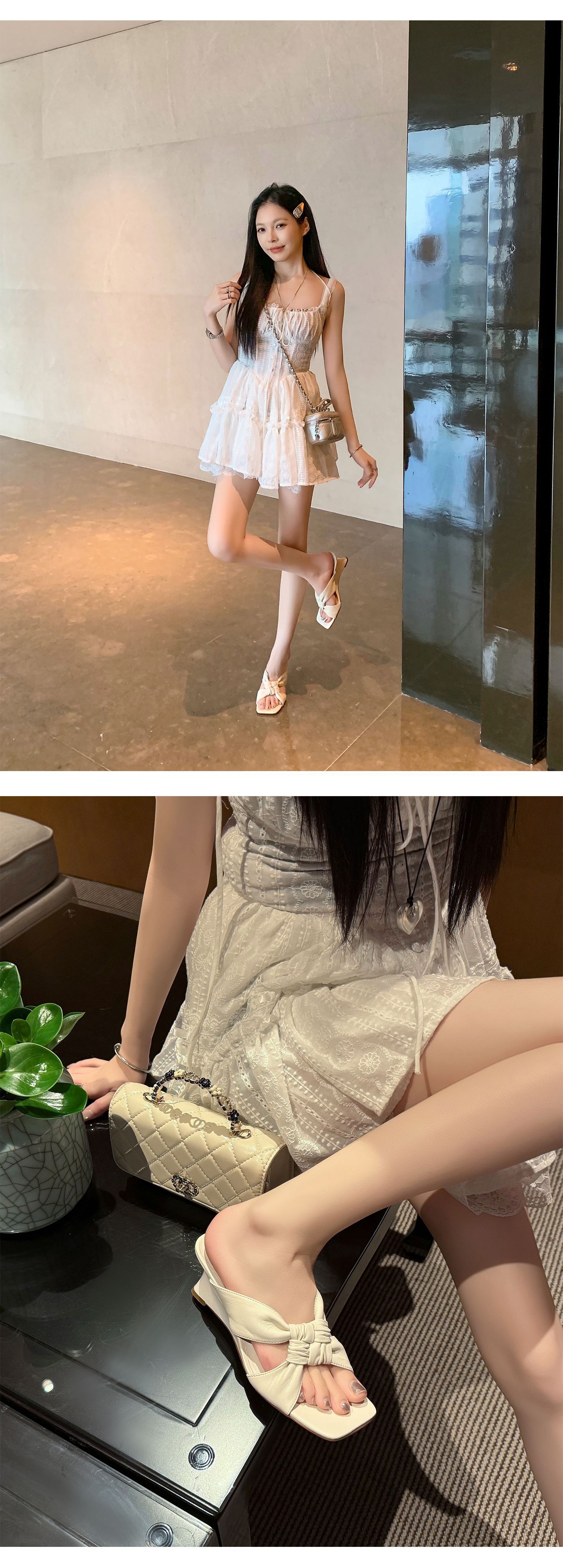 Sandal cao gót nữ mũi vuông hở ngón đế xuồng quai chéo — màu vàng, màu trắng ngà, bạc chi tiết 18