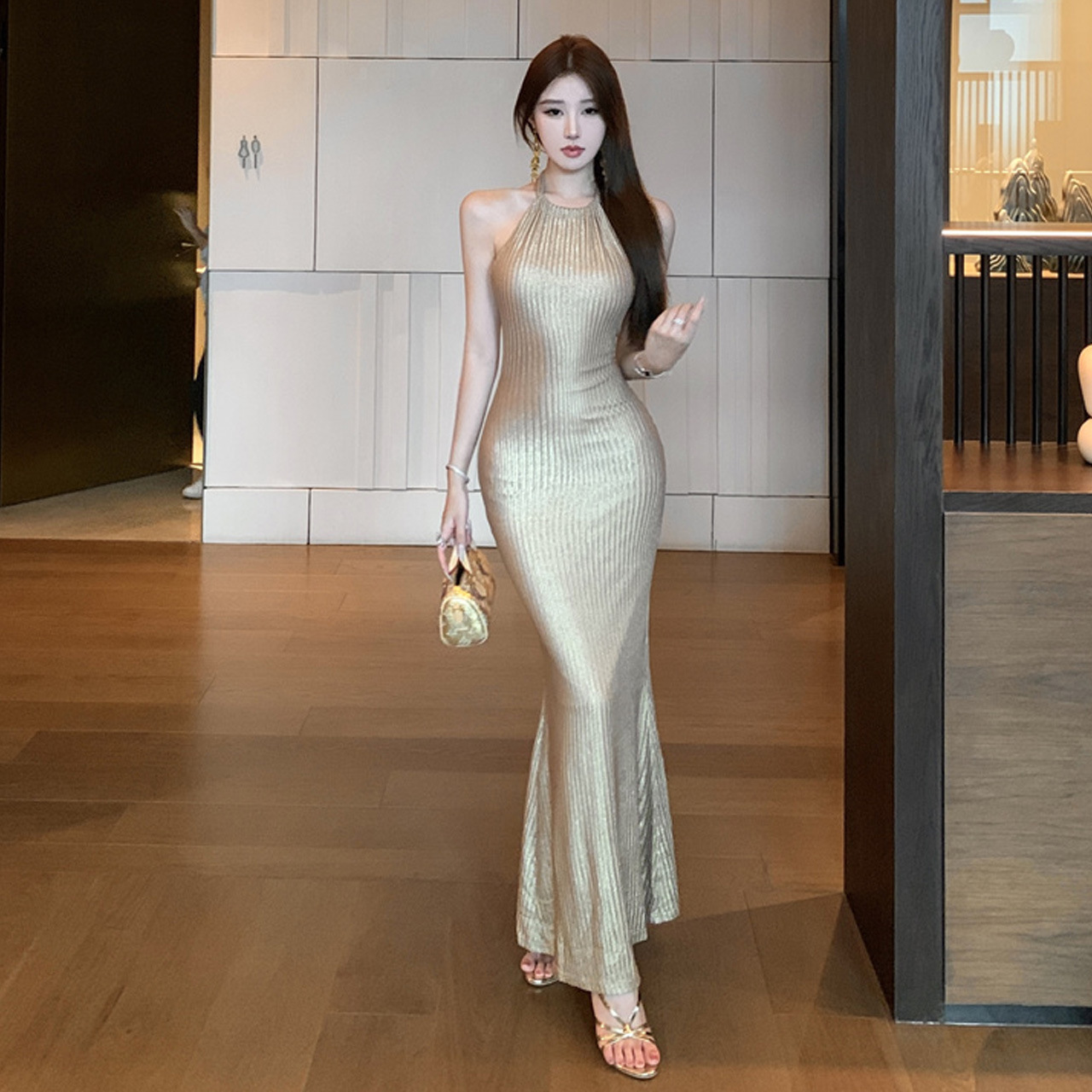 3400 European and American Cross-Border Export Women's Clothing Southeast Asian Celebrity Halterneck Knitted Hip-Covering Fishtail Dress Dress Skirt for Women