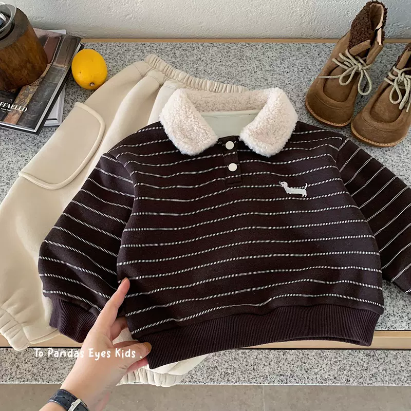 男童POLO衫加绒卫衣冬季条纹2025宝宝洋气保暖上衣儿童加厚打底衫