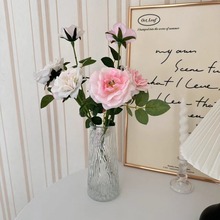 新款仿真手感保湿3头月季假花绢花茶几客厅桌面装饰摆放落地