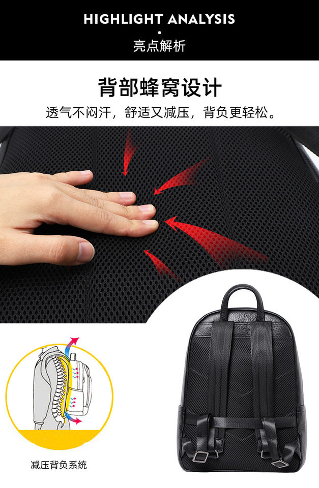 Ba lô nam da bò thật cỡ lớn 30×13×41 cm, ba lô du lịch công tác chống trộm ngăn laptop 14 inch — Màu đen chi tiết 5
