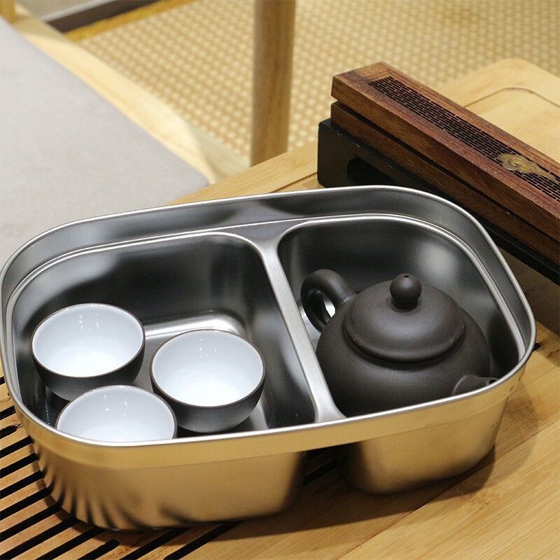 Simple Stainless Steel Tea Tray Set for Outdoor Use, Small Rectangular Tea Tray with Water Storage for Camping