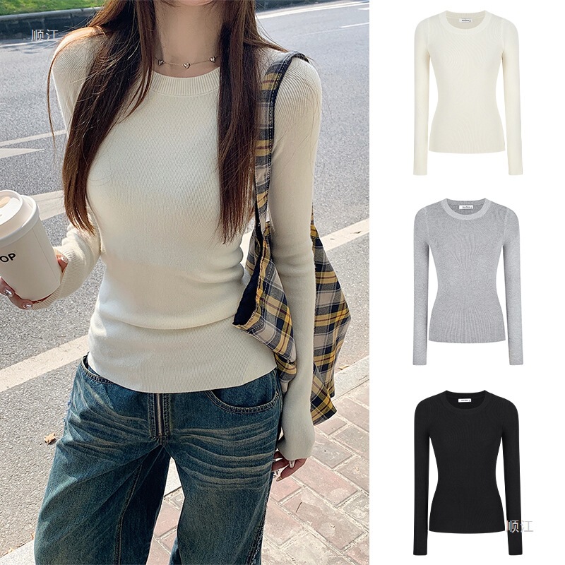 /Moxi Queen Threaded Round Neck Right Shoulder Bottoming Knitwear Slimming Look Waist Long Sleeves