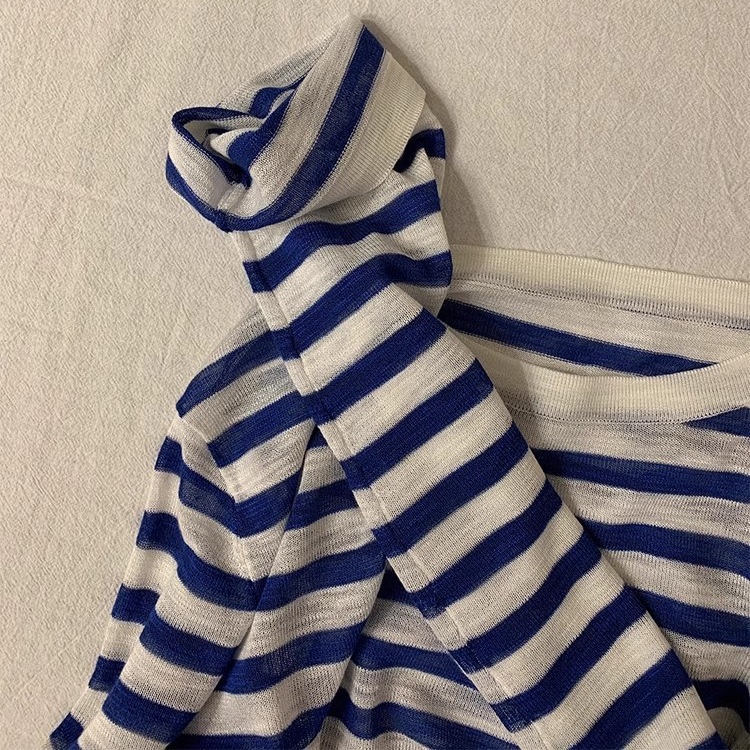 Highly Recommended! Extremely Flattering ~ Navy Blue Linen Striped Round Neck Long Sleeve T-Shirt Sun Protection Knit Top