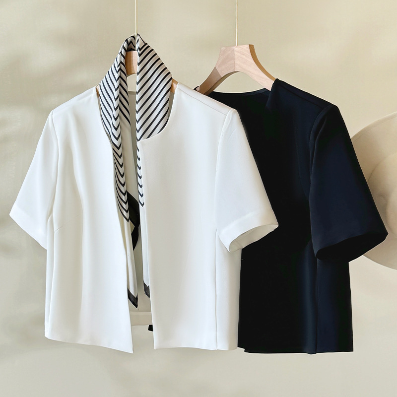 Minimalist Acetate Blazer for Women, Summer Thin Elegant Short-Sleeve Blazer for Petite Figures, Short Outerwear