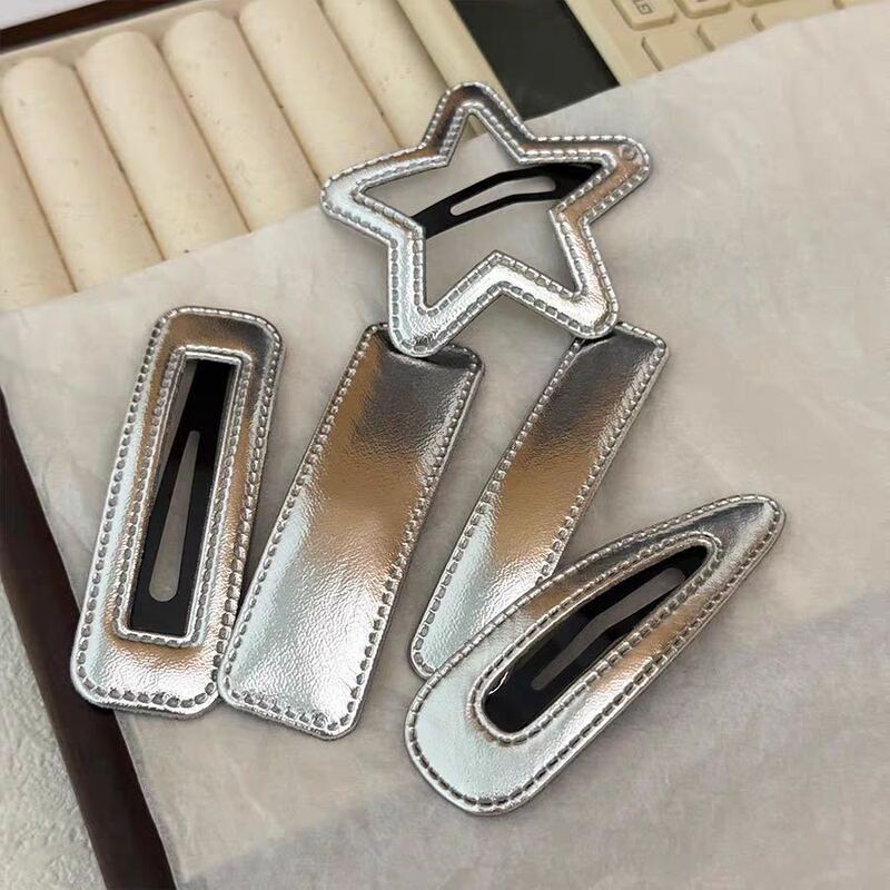 Silver Pu Leather Hairpin, Metallic Heart Bangs Clip, Simple Imitation Leather Bb Clip, Hairpin, Boutique Hair Accessories