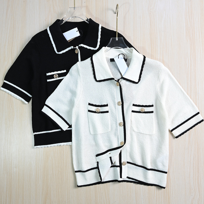 Siqi Women's Clothing 254/14 Thin Towel Yarn Woven Color Edge Lapel Metal Button Short Sleeve Knitted Cardigan