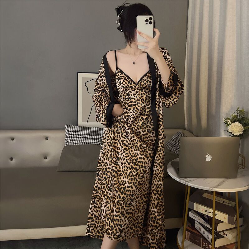 Long Leopard Print Pajamas with Breast Pads for Women, Sexy Pure Lust Style Ice Silk Suspender Nightgown, Outer Robe, Home Wear Set Long Leopard Print Pajamas with Breast Pads for Women, Sexy Pure Lust Style Ice Silk Suspender Nightgown, Outer Robe, Home Wear Set