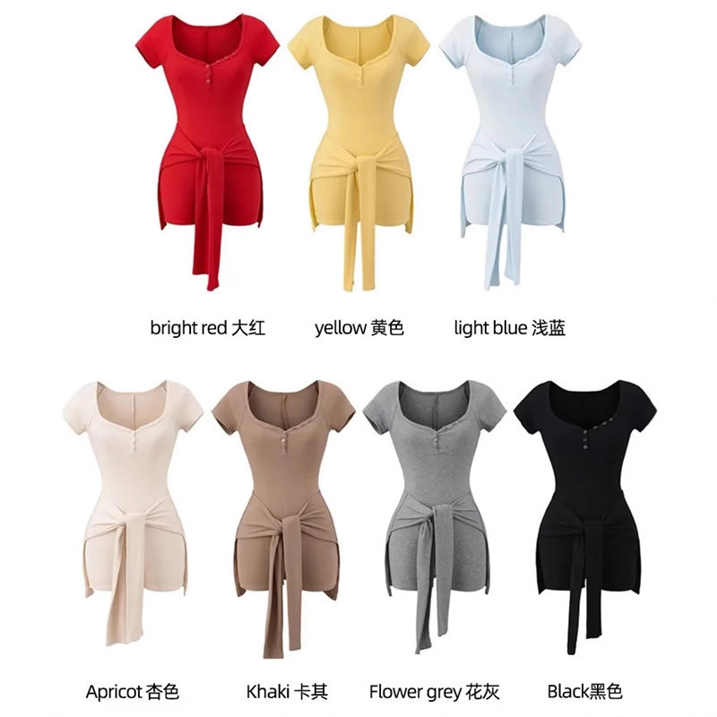 American Sexy Style Sexy U-Neck Button-Down Bottoming Shirt for Women Elastic Tight Waist Strap Short-Sleeved Jumpsuit T-Shirt