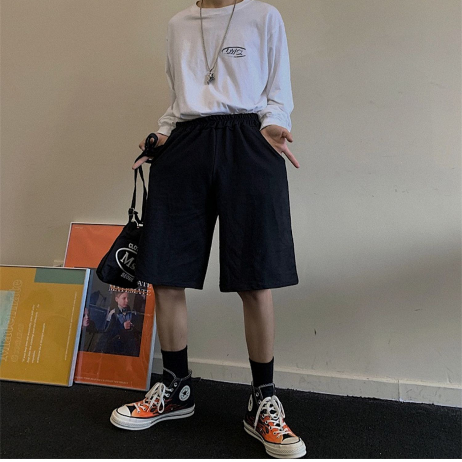 休闲运动短裤五分裤百搭宽松直筒美式男女简约中裤潮流港风韩版纯