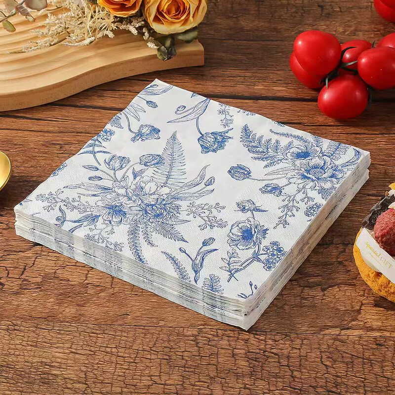 Blue Color Printed Peony Flower Napkin Retro Style European and American Party Western Food Disposable Napkin Ready for Sale 20 Sheets Blue Color Printed Peony Flower Napkin Retro Style European and American Party Western Food Disposable Napkin Ready for Sale 20 Sheets