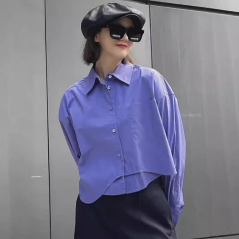 Korean Niche Designer Purple Shirt Tops for Women 2025 Spring & Fall New Asymmetrical Loose Long-Sleeved Shirts