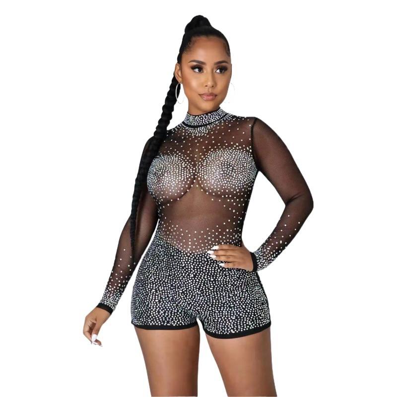 X5165 moda europea y americana eBay AliExpress sexy cuello redondo de manga larga del partido club nocturno rhinestone caliente perspectiva mono