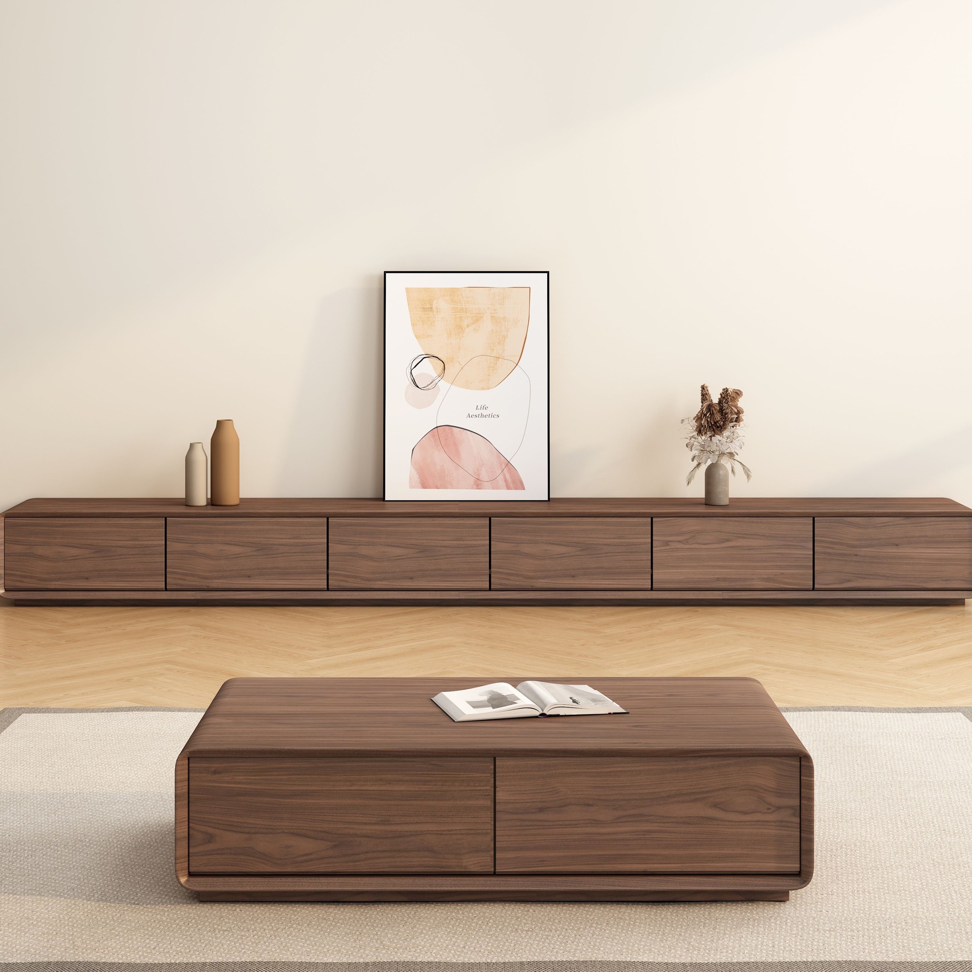 Modern Minimalist Solid Wood Tv Cabinet and Coffee Table Set, Black Walnut, Suitable for Various Sizes of Apartments, Freestanding or Wall-Mounted